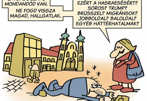 <h1>Közhangulat
- Látom, Gézám, mondandód van.
Ne fogd vissza magad, hallgatlak.
...
Szóval ki a felelős ezért a hasraesésért? Soros? Trump?  Brüsszel? Migránsok? Jobboldal? Baloldal? Egyéb háttérhatalmak?
MARABU rajza</h1>-