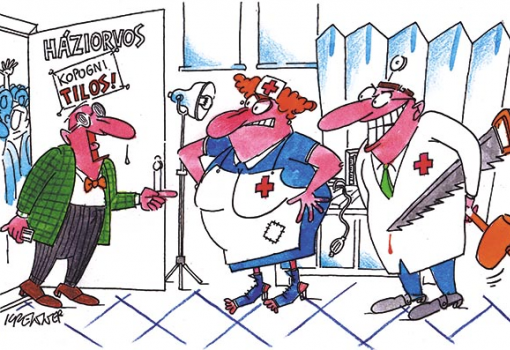 <h1>Rövidlátó beteg…
– Remélem, a doktor úr is aláírta a hálapénzellenes listát…?!
KRENNER ISTVÁN rajza</h1>-
